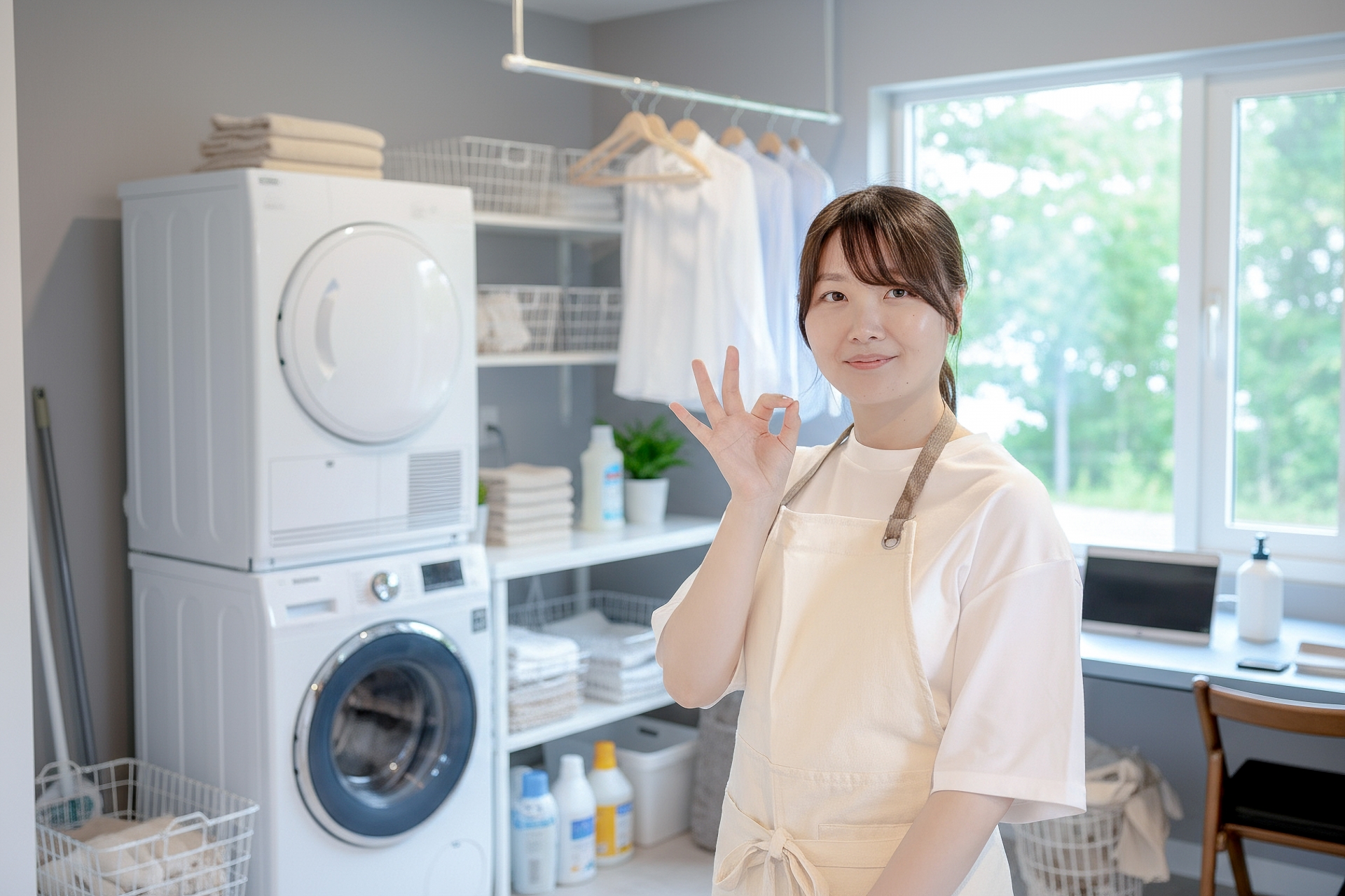 ランドリールームで微笑む女性