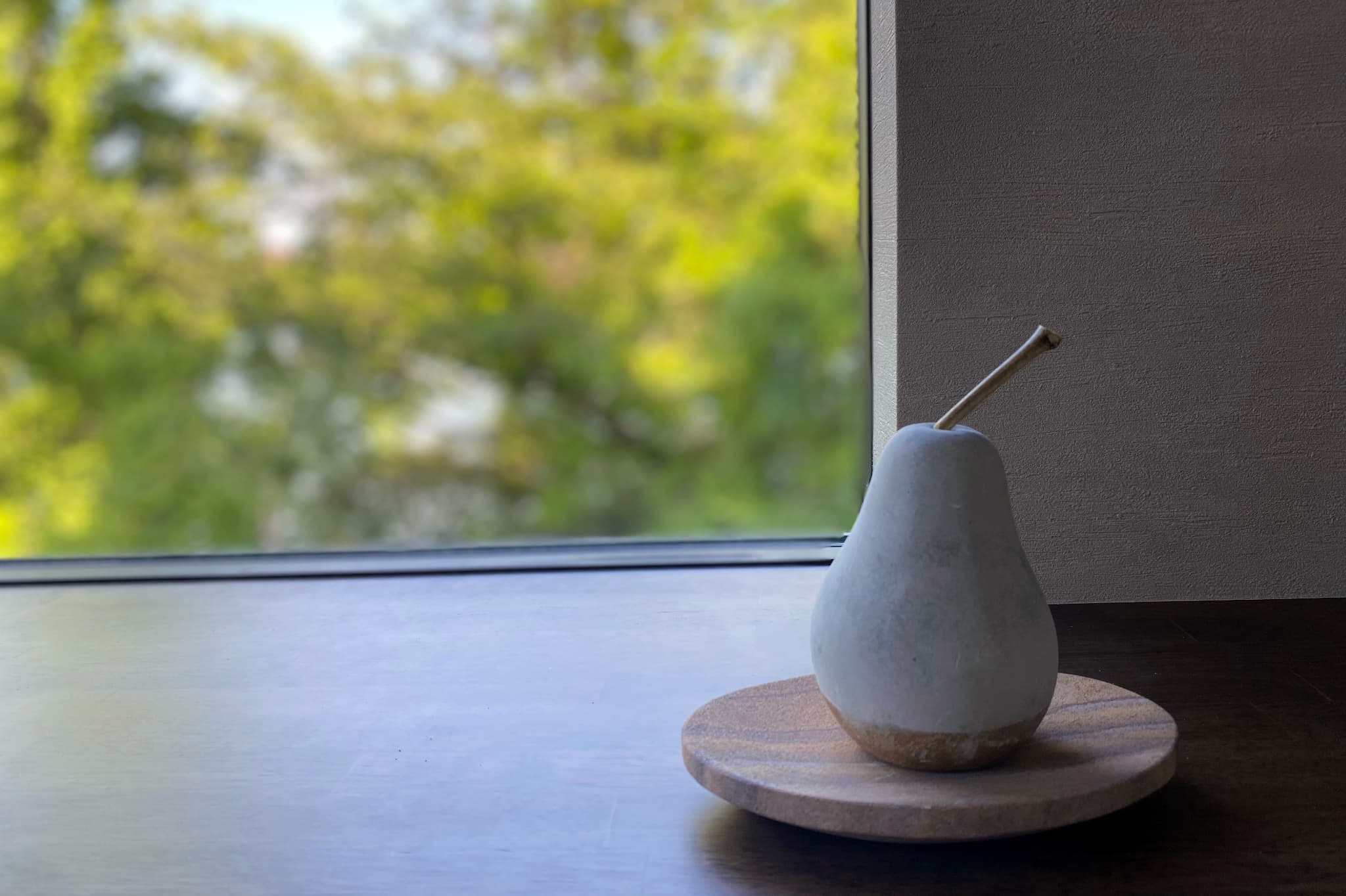 ベンチと緑を望む窓のある家