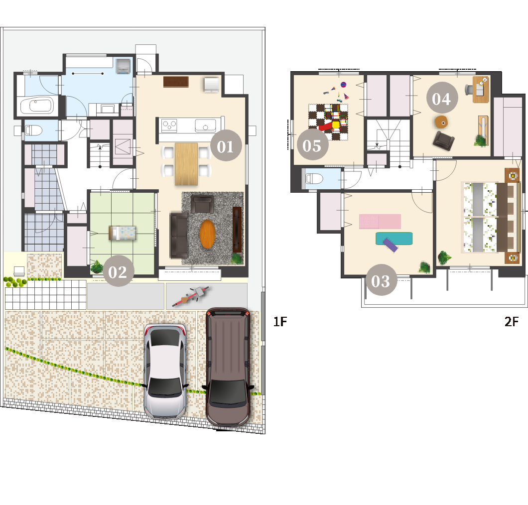 図面（和室1部屋、洋室4部屋、20帖のリビングダイニングキッチン）